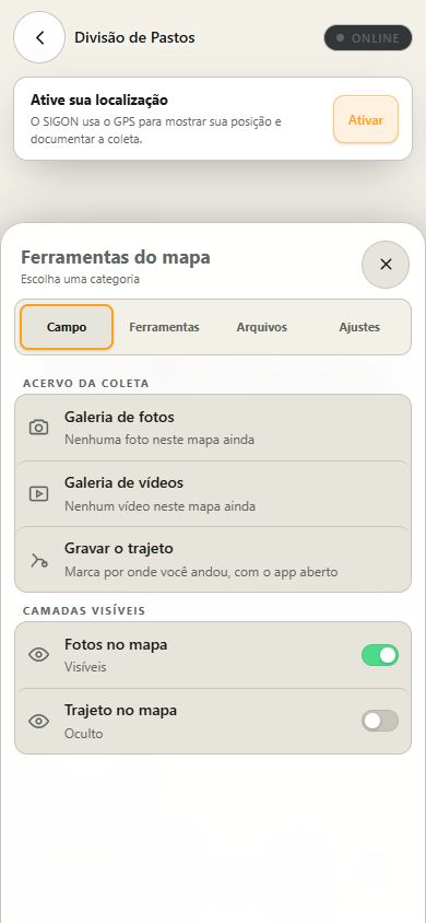 Menu real de ferramentas de campo do SIGON no celular