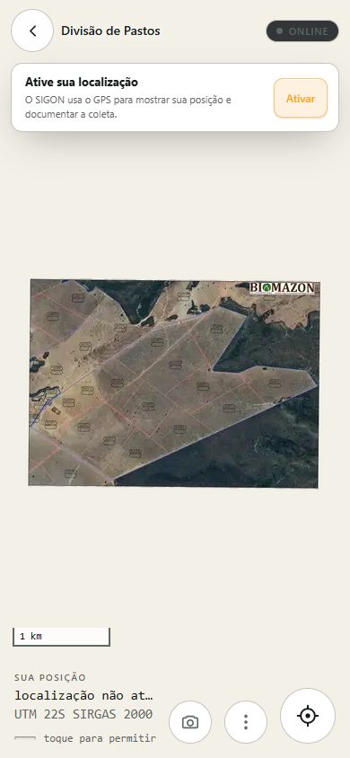 Tela do SIGON com o mapa Divisão de Pastos aberto no celular